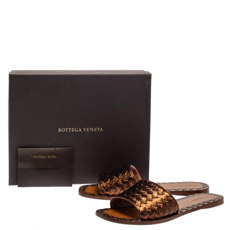 Pre Owned Bottega Veneta Brown Metallic Intrecciato Leather Flat Slides Size 39
