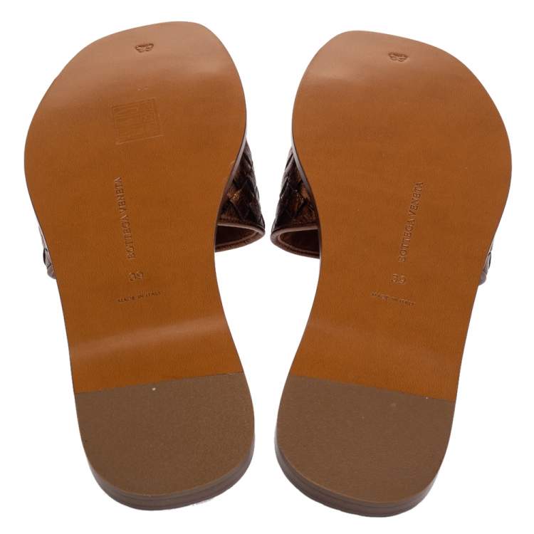 Pre Owned Bottega Veneta Brown Metallic Intrecciato Leather Flat Slides Size 39