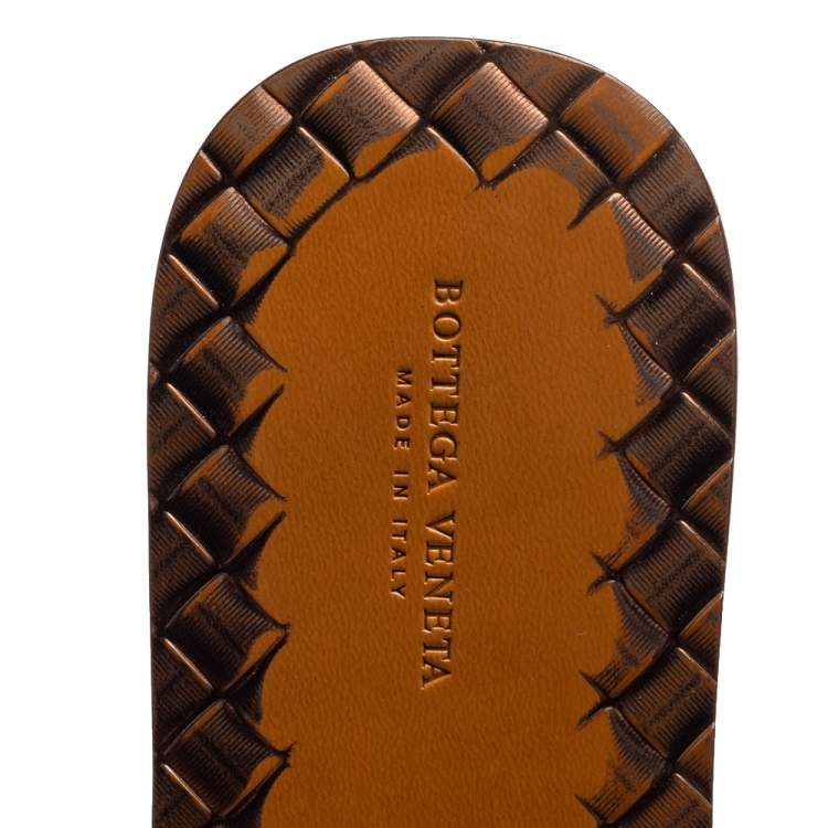 Pre Owned Bottega Veneta Brown Metallic Intrecciato Leather Flat Slides Size 39