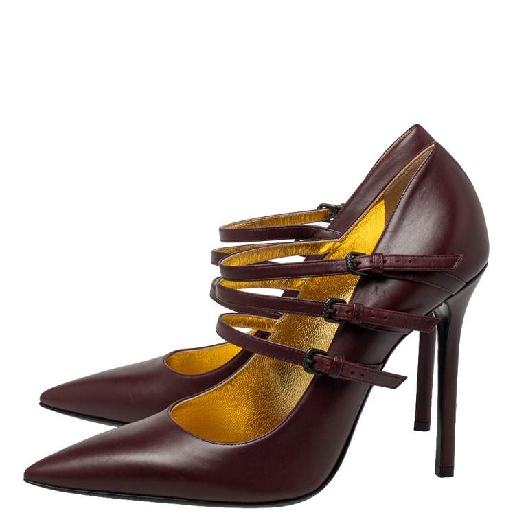Pre Owned Bottega Veneta Burgundy Leather Strappy Mary Jane Pumps Size 41