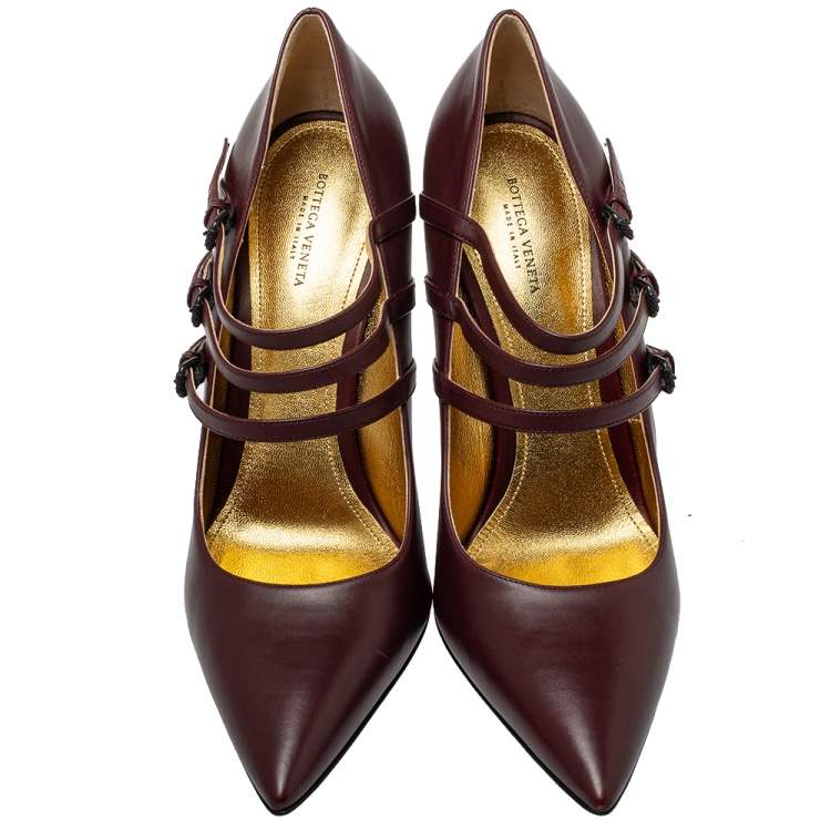 Pre Owned Bottega Veneta Burgundy Leather Strappy Mary Jane Pumps Size 41