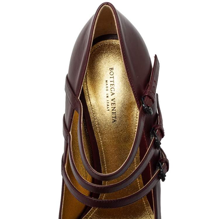 Pre Owned Bottega Veneta Burgundy Leather Strappy Mary Jane Pumps Size 41