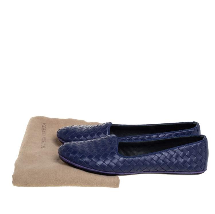 Pre Owned Bottega Veneta Blue Intrecciato Leather Smoking Slippers Size 39 