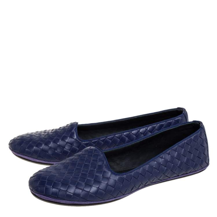 Pre Owned Bottega Veneta Blue Intrecciato Leather Smoking Slippers Size 39 