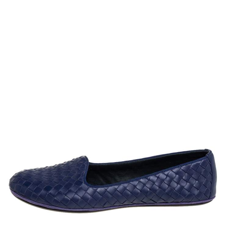 Pre Owned Bottega Veneta Blue Intrecciato Leather Smoking Slippers Size 39 