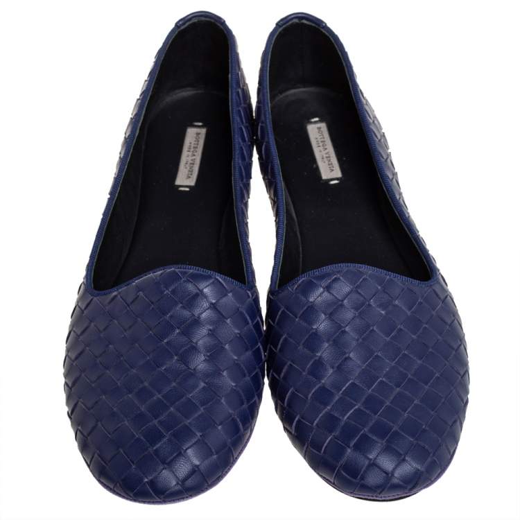 Pre Owned Bottega Veneta Blue Intrecciato Leather Smoking Slippers Size 39 