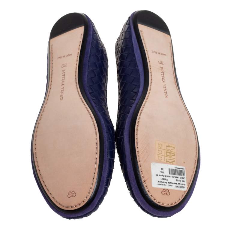 Pre Owned Bottega Veneta Blue Intrecciato Leather Smoking Slippers Size 39 