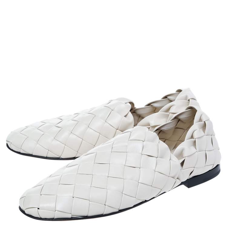 Pre Owned Bottega Veneta Cream Intrecciato Leather Smoking Slippers Size 37.5