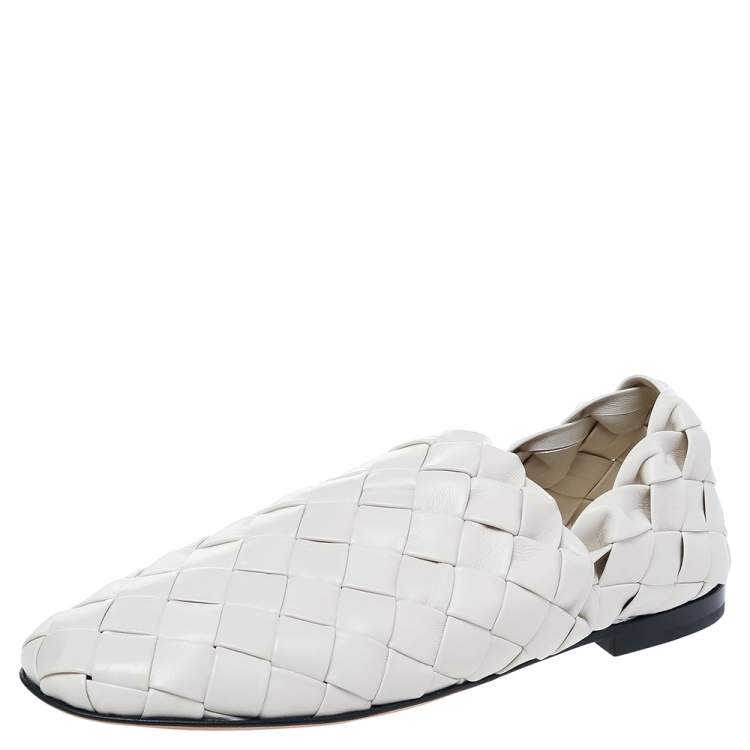 Pre Owned Bottega Veneta Cream Intrecciato Leather Smoking Slippers Size 37.5