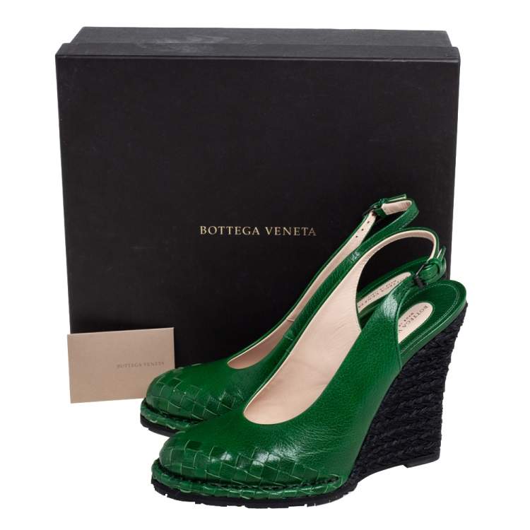 Pre Owned Bottega Veneta Green Intrecciato Slingback Wedge Pumps Size 41