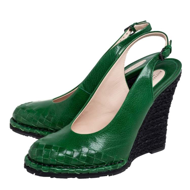 Pre Owned Bottega Veneta Green Intrecciato Slingback Wedge Pumps Size 41
