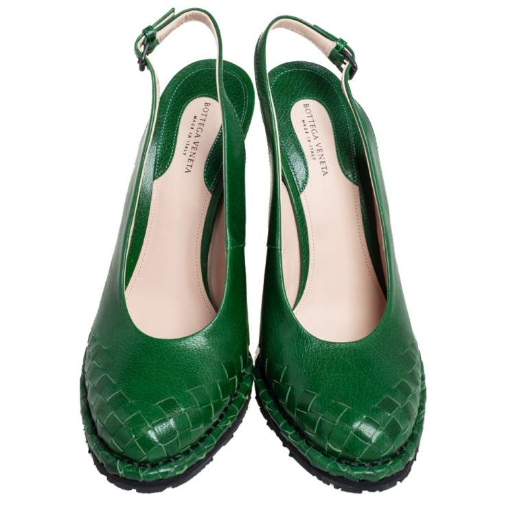 Pre Owned Bottega Veneta Green Intrecciato Slingback Wedge Pumps Size 41