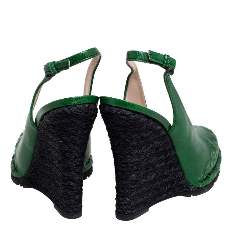 Pre Owned Bottega Veneta Green Intrecciato Slingback Wedge Pumps Size 41