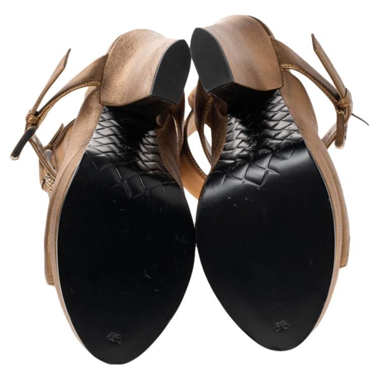 Pre Owned Bottega Veneta Metallic Gold Intrecciato Detail Leather Peep Toe Ankle Wrap Platform Sandals Size 39
