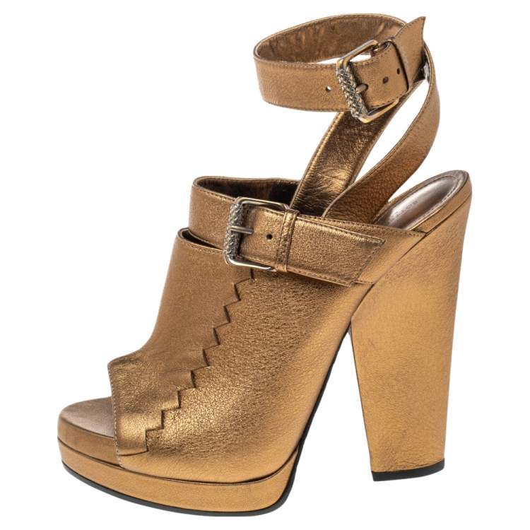 Pre Owned Bottega Veneta Metallic Gold Intrecciato Detail Leather Peep Toe Ankle Wrap Platform Sandals Size 39
