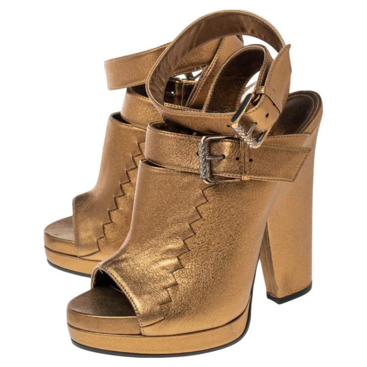 Pre Owned Bottega Veneta Metallic Gold Intrecciato Detail Leather Peep Toe Ankle Wrap Platform Sandals Size 39