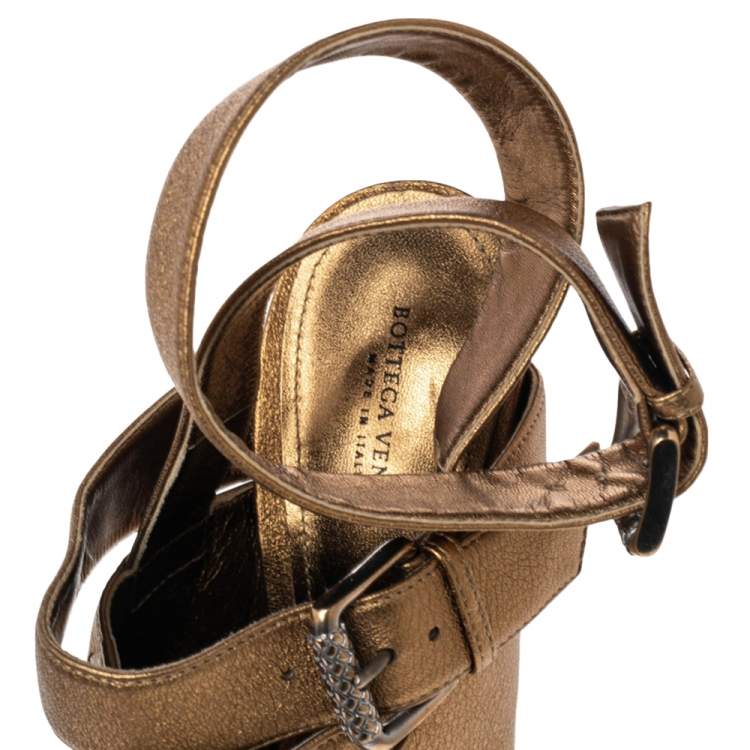 Pre Owned Bottega Veneta Metallic Gold Intrecciato Detail Leather Peep Toe Ankle Wrap Platform Sandals Size 39