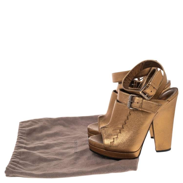 Pre Owned Bottega Veneta Metallic Gold Intrecciato Detail Leather Peep Toe Ankle Wrap Platform Sandals Size 39