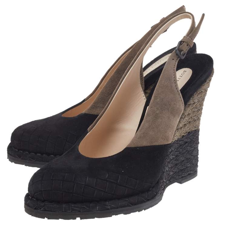 Pre Owned Bottega Veneta Black/Brown Intrecciato Suede Espadrille Wedge Slingback Sandals Size 37