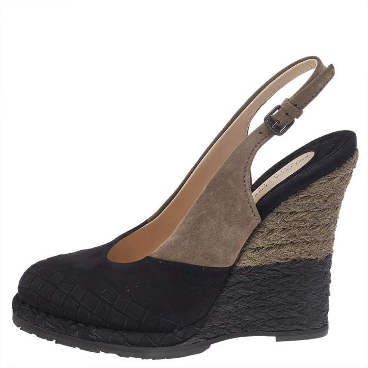 Pre Owned Bottega Veneta Black/Brown Intrecciato Suede Espadrille Wedge Slingback Sandals Size 37