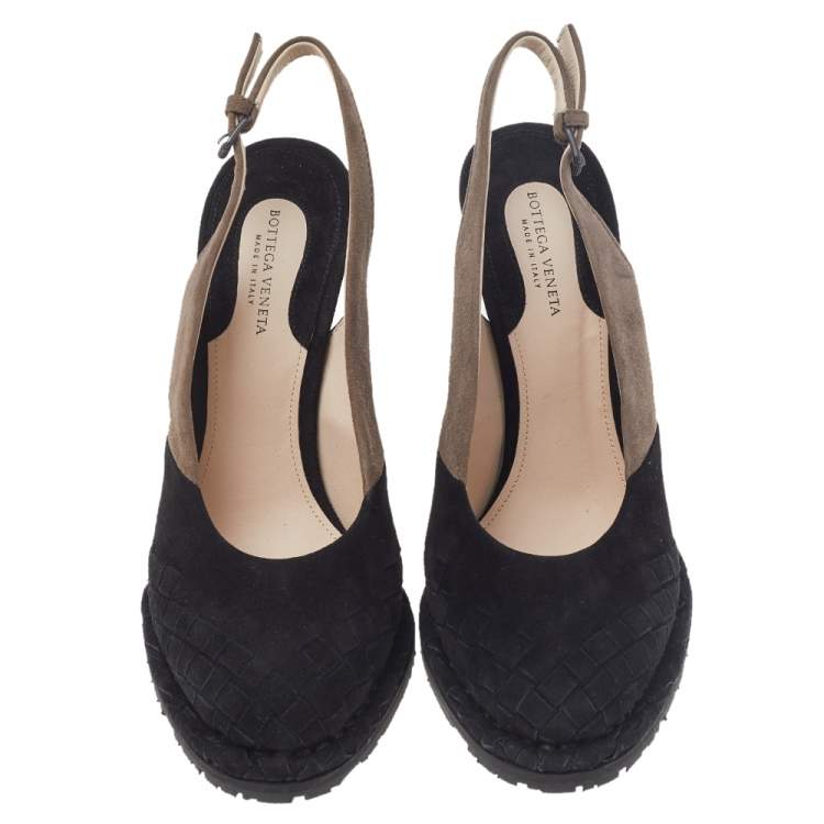 Pre Owned Bottega Veneta Black/Brown Intrecciato Suede Espadrille Wedge Slingback Sandals Size 37