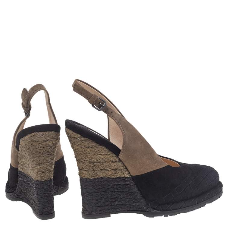 Pre Owned Bottega Veneta Black/Brown Intrecciato Suede Espadrille Wedge Slingback Sandals Size 37