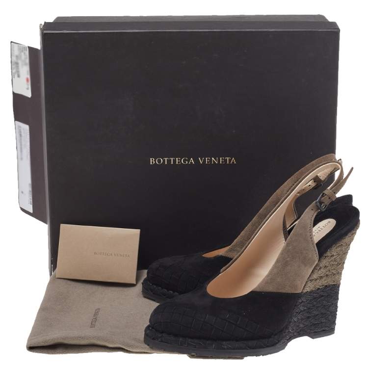 Pre Owned Bottega Veneta Black/Brown Intrecciato Suede Espadrille Wedge Slingback Sandals Size 37