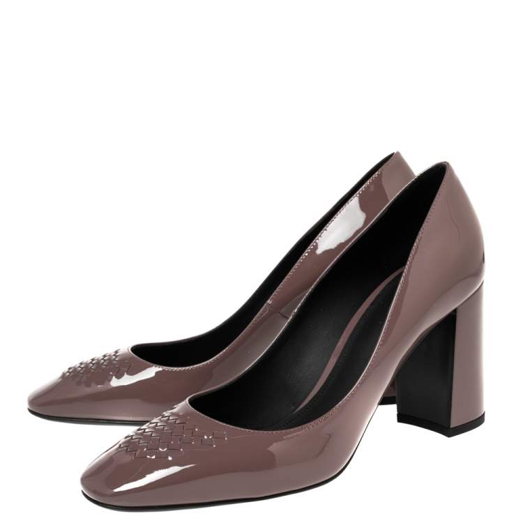 Pre Owned Bottega Veneta Mauve Patent Leather Intrecciato Detail Block Heel Pumps Size 39.5