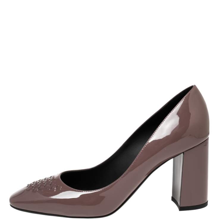 Pre Owned Bottega Veneta Mauve Patent Leather Intrecciato Detail Block Heel Pumps Size 39.5
