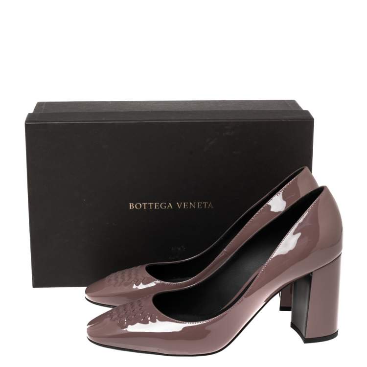 Pre Owned Bottega Veneta Mauve Patent Leather Intrecciato Detail Block Heel Pumps Size 39.5