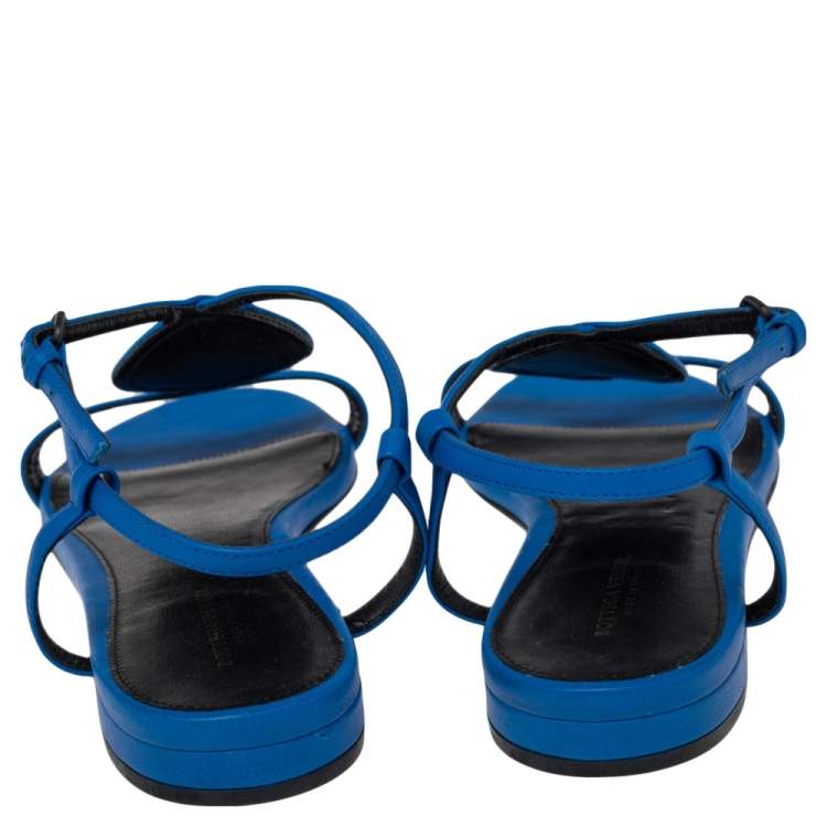 Pre Owned Bottega Veneta Blue Leather Ankle Strap Flat Sandals Size 38 