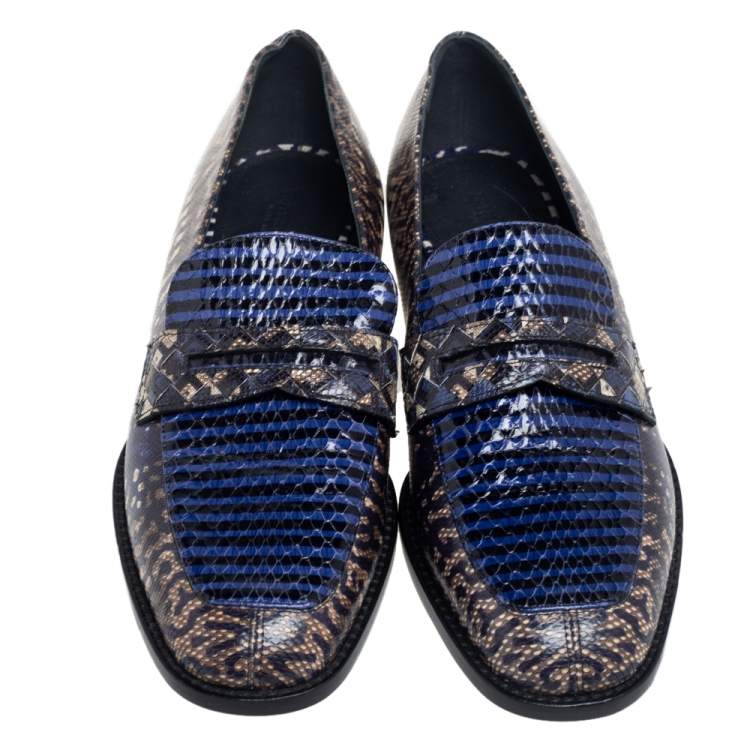 Pre Owned Bottega Veneta Blue/Green Python Leather Loafers Size 36