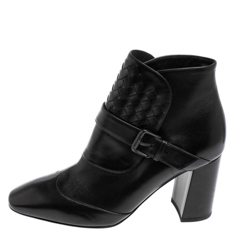 Pre Owned Bottega Veneta Black Intrecciato Leather Wingtip Ankle Boots Size 36.5
