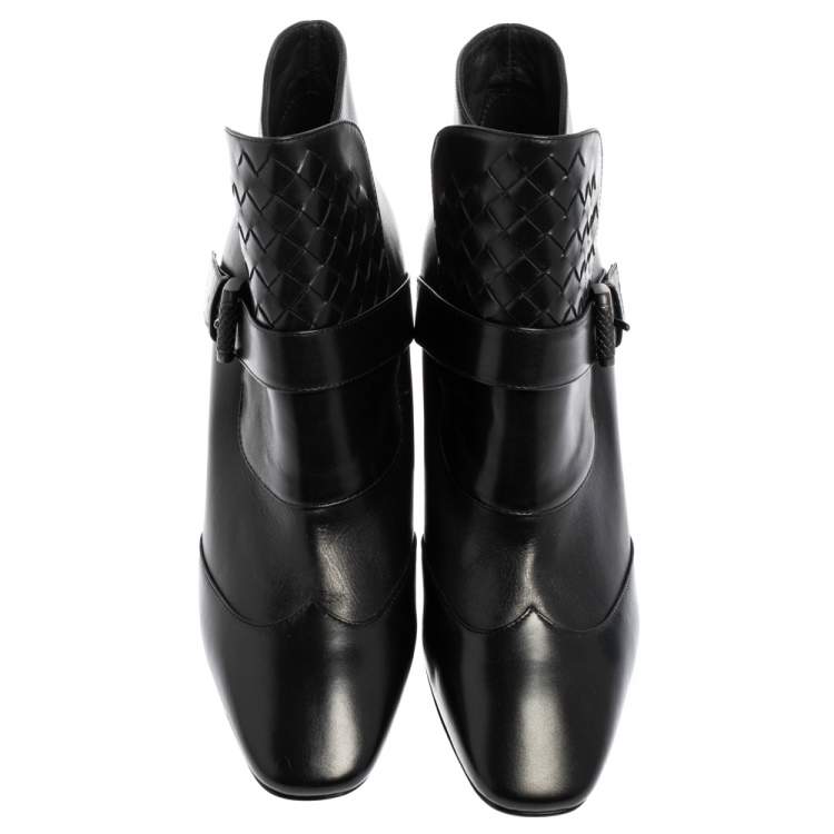 Pre Owned Bottega Veneta Black Intrecciato Leather Wingtip Ankle Boots Size 36.5