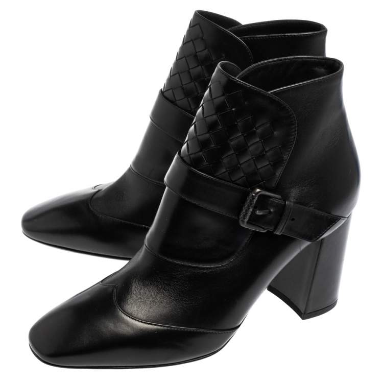 Pre Owned Bottega Veneta Black Intrecciato Leather Wingtip Ankle Boots Size 36.5