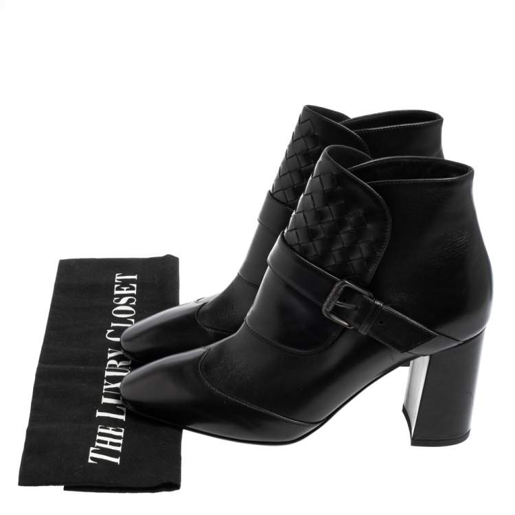 Pre Owned Bottega Veneta Black Intrecciato Leather Wingtip Ankle Boots Size 36.5