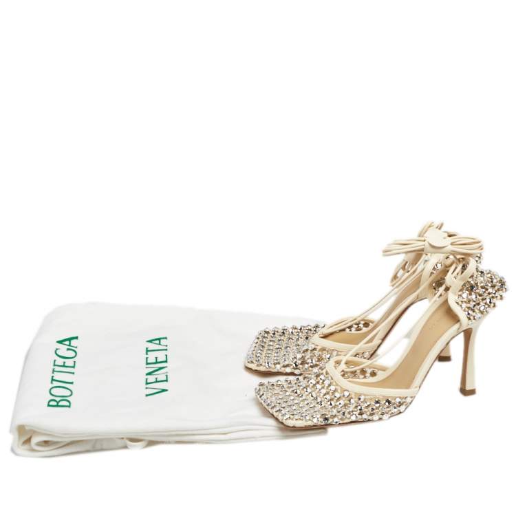 Pre Owned Bottega Veneta Ivory Leather And Cotton Mesh Sparkle Stretch Ankle Wrap Sandals Size 38