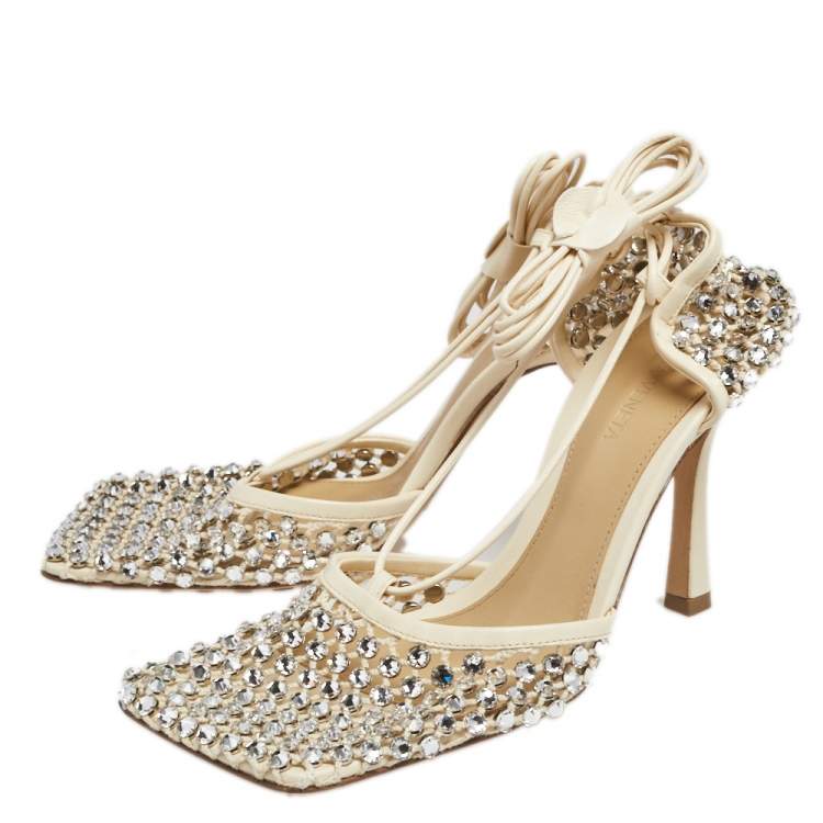 Pre Owned Bottega Veneta Ivory Leather And Cotton Mesh Sparkle Stretch Ankle Wrap Sandals Size 38