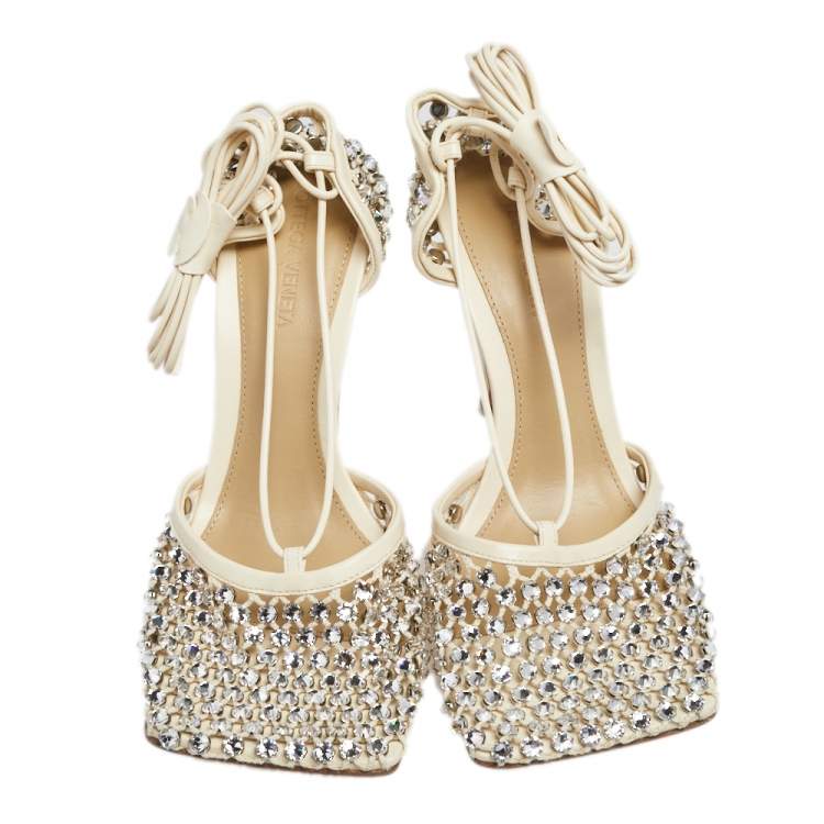 Pre Owned Bottega Veneta Ivory Leather And Cotton Mesh Sparkle Stretch Ankle Wrap Sandals Size 38