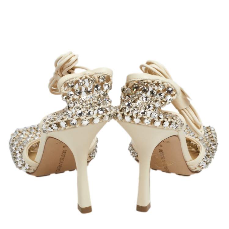 Pre Owned Bottega Veneta Ivory Leather And Cotton Mesh Sparkle Stretch Ankle Wrap Sandals Size 38