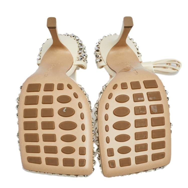 Pre Owned Bottega Veneta Ivory Leather And Cotton Mesh Sparkle Stretch Ankle Wrap Sandals Size 38