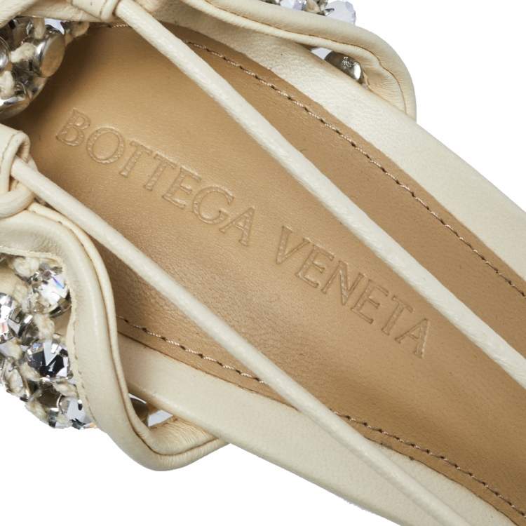 Pre Owned Bottega Veneta Ivory Leather And Cotton Mesh Sparkle Stretch Ankle Wrap Sandals Size 38