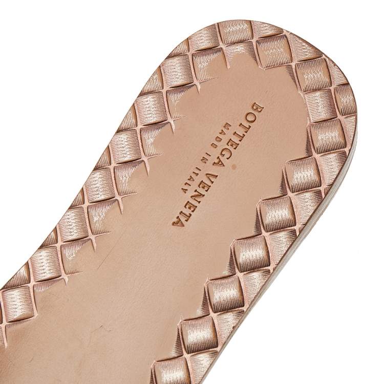 Pre Owned Bottega Veneta Metallic Brown Intrecciato Leather Flat Slide Sandals Size 39.