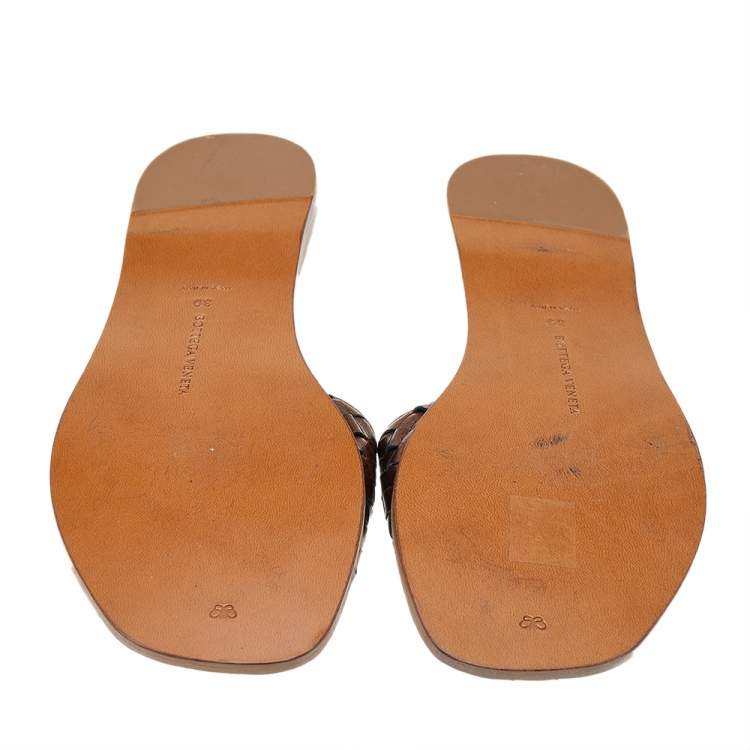 Pre Owned Bottega Veneta Metallic Brown Intrecciato Leather Flat Slide Sandals Size 39.