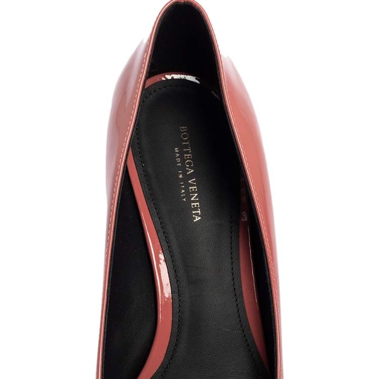 Pre Owned Bottega Veneta Dusty Pink Patent Leather Intrecciato Detail Block Heel Pumps Size 37.5