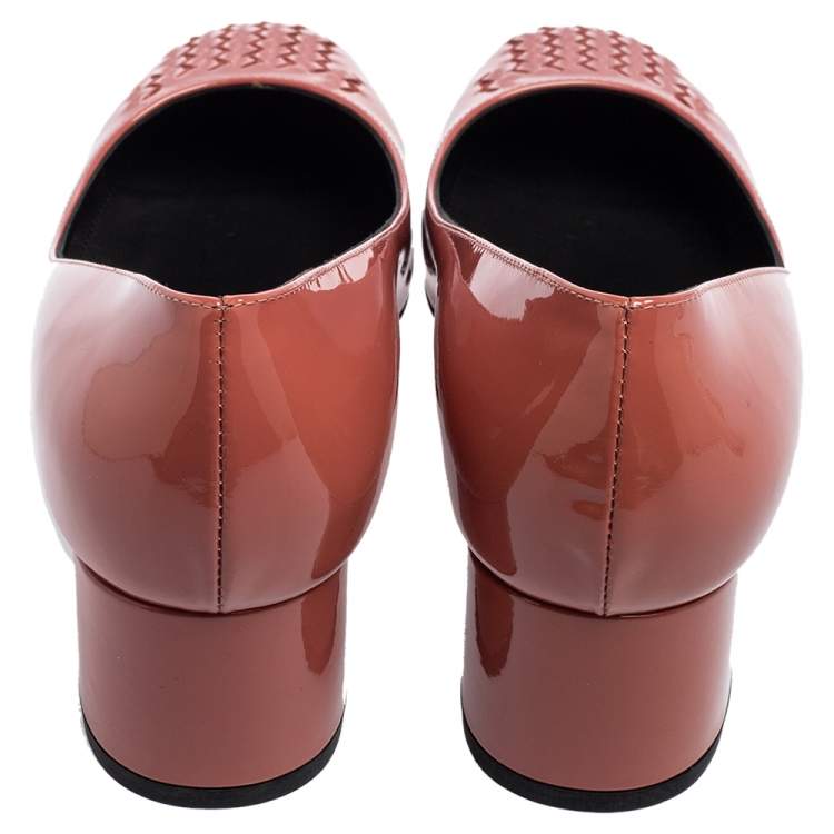 Pre Owned Bottega Veneta Dusty Pink Patent Leather Intrecciato Detail Block Heel Pumps Size 37.5