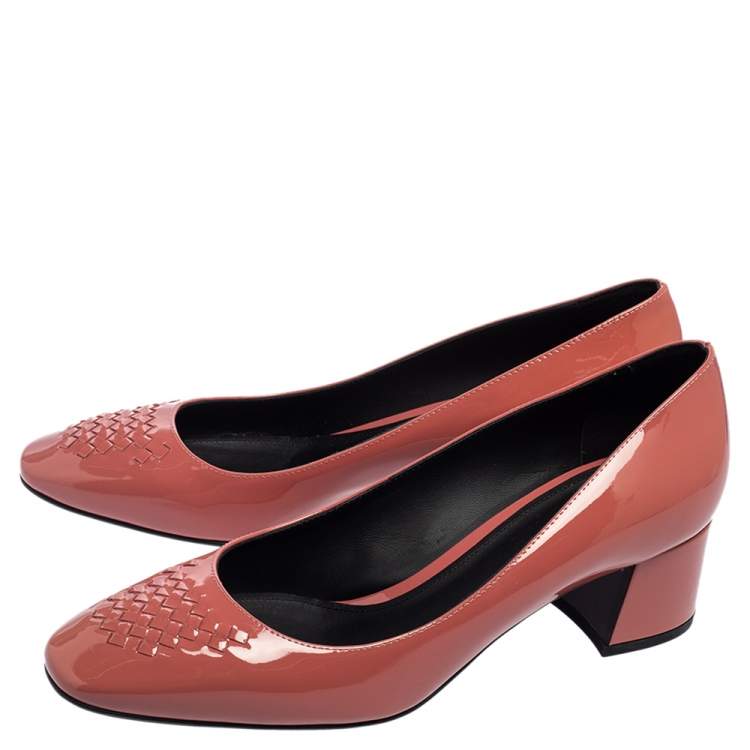 Pre Owned Bottega Veneta Dusty Pink Patent Leather Intrecciato Detail Block Heel Pumps Size 37.5