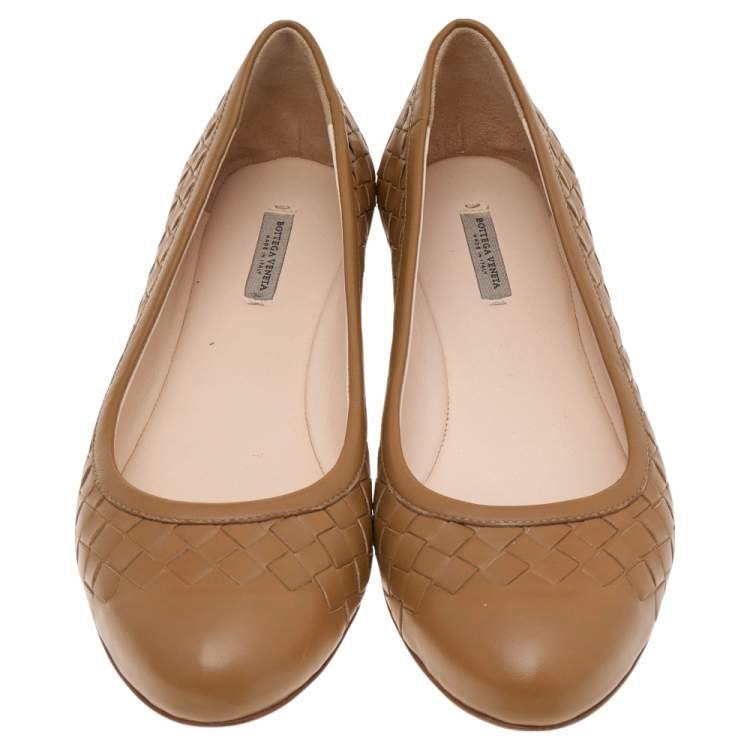Pre Owned Bottega Veneta Biege Intrecciato Leather Ballet Flats Size 37