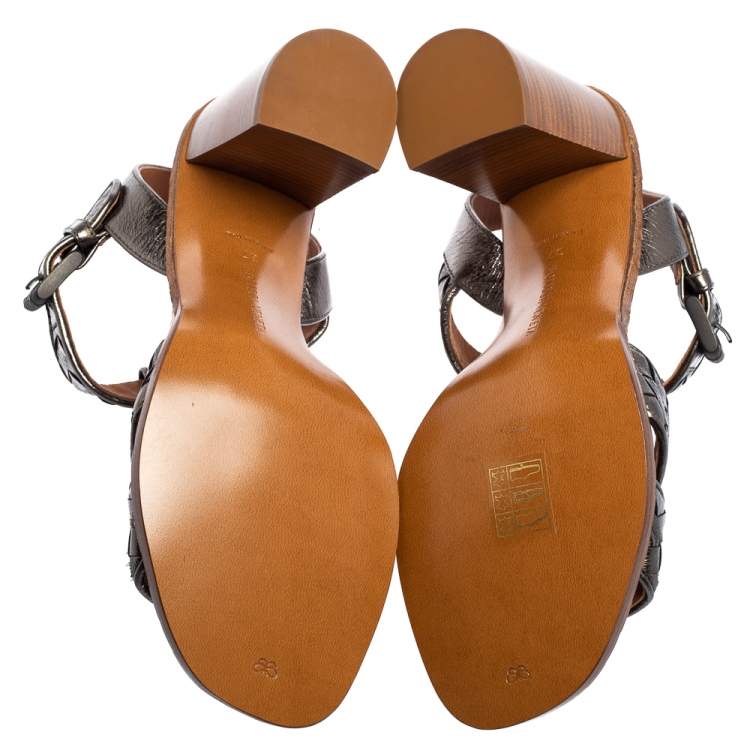 Pre Owned Bottega Veneta Metallic Grey Intrecciato Leather Block Heel Sandals Size 37