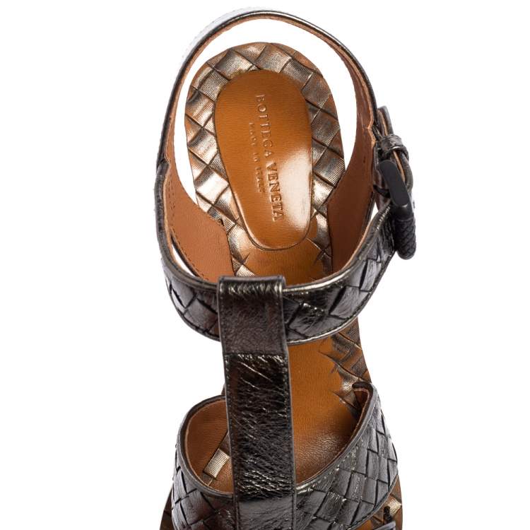 Pre Owned Bottega Veneta Metallic Grey Intrecciato Leather Block Heel Sandals Size 37
